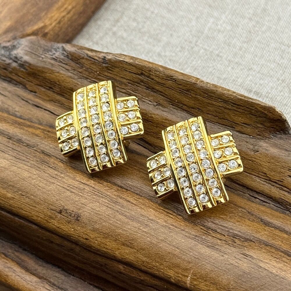 Swarovski Swan White Rhinestone Rows Gold-tone X-shaped Clip-on Earrings Vintage
